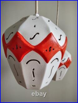 Rare Mid-century Modern 3 Ceramic Globes Teak Wood Ceiling Mount Light Fixture