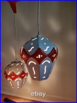 Rare Mid-century Modern 3 Ceramic Globes Teak Wood Ceiling Mount Light Fixture