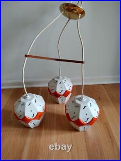 Rare Mid-century Modern 3 Ceramic Globes Teak Wood Ceiling Mount Light Fixture