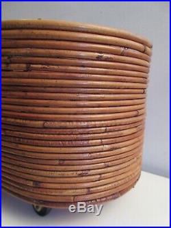 Rare Mid-century Modern Italian Rattan Rolling Basket Albini Helg Tiki Eames Era