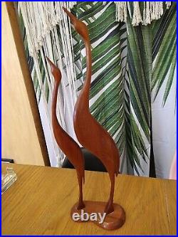 Rare Mint Mid-Century Modern 25 Wood Teak Cranes 1960 Vintage Sculpture 2 Birds