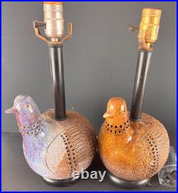 Rare Pair Aldo Londi for Bitossi Italian MCM Art Pottery Partridge Bird Lamps