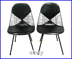 Rare Pair Authentic Eames Herman Miller DKX-2 Black Leather Bikini Wire Chair