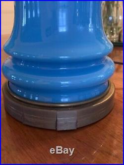 Rare Pair Of Vintage French Mid Century Modern Blue Opaline Table Lamps