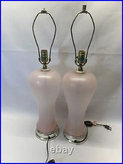 Rare Pair Of Vintage Mid Century Modern Regency Frosted Pink And Table Lamps
