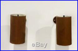 Rare Pair VTG MCM Modern Oscillating Brass Wood Cylinder Wall Sconce Fixtures