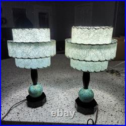 Rare Pair Vtg MCM Bedside Boudior Lamps Aqua & Black Fiberglass Shades 15 Inch