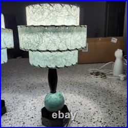 Rare Pair Vtg MCM Bedside Boudior Lamps Aqua & Black Fiberglass Shades 15 Inch