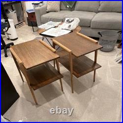 Rare Pair of Mersman 7518 Mid-Century Modern Wood Tables with Storage Shelf