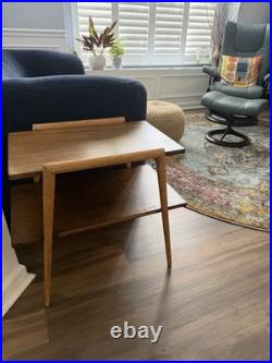 Rare Pair of Mersman 7518 Mid-Century Modern Wood Tables with Storage Shelf