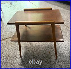 Rare Pair of Mersman 7518 Mid-Century Modern Wood Tables with Storage Shelf