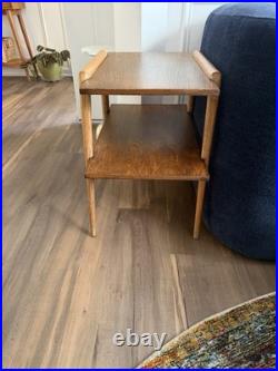 Rare Pair of Mersman 7518 Mid-Century Modern Wood Tables with Storage Shelf