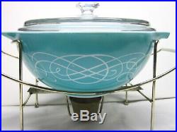 Rare Pyrex 2.5 Qt Cinderella Bowl #443 1959 Scroll Metal Stand Burner Turquoise