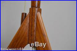 Rare Scandinavian Tripod Table Lamp Teak Brass Bast Fiber Shade Mid Century
