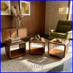 Rare Set of 3 Vintage Lou Hodges Oak Cube End Table Smoked Glass Top MCM 70s