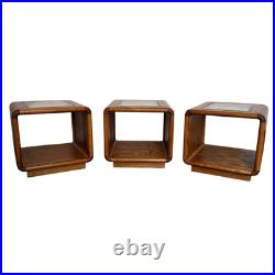 Rare Set of 3 Vintage Lou Hodges Oak Cube End Table Smoked Glass Top MCM 70s