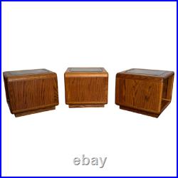 Rare Set of 3 Vintage Lou Hodges Oak Cube End Table Smoked Glass Top MCM 70s