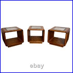 Rare Set of 3 Vintage Lou Hodges Oak Cube End Table Smoked Glass Top MCM 70s