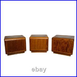 Rare Set of 3 Vintage Lou Hodges Oak Cube End Table Smoked Glass Top MCM 70s