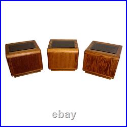 Rare Set of 3 Vintage Lou Hodges Oak Cube End Table Smoked Glass Top MCM 70s