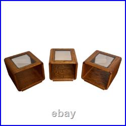 Rare Set of 3 Vintage Lou Hodges Oak Cube End Table Smoked Glass Top MCM 70s