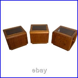 Rare Set of 3 Vintage Lou Hodges Oak Cube End Table Smoked Glass Top MCM 70s