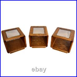 Rare Set of 3 Vintage Lou Hodges Oak Cube End Table Smoked Glass Top MCM 70s