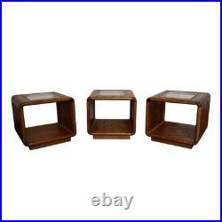 Rare Set of 3 Vintage Lou Hodges Oak Cube End Table Smoked Glass Top MCM 70s