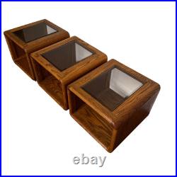 Rare Set of 3 Vintage Lou Hodges Oak Cube End Table Smoked Glass Top MCM 70s