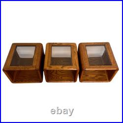 Rare Set of 3 Vintage Lou Hodges Oak Cube End Table Smoked Glass Top MCM 70s