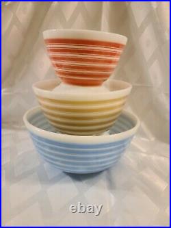 Rare Set of Vintage Pyrex Rainbow Stripes Bowls 403,402,401 Blue, Tan and Pink