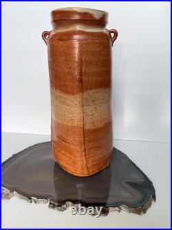 Rare Square Warren Mackenzie Monumental Vase 2-handled Shino Glaze Orange White Rare Square Warren Mackenzie Monumental Vase 2-handled Shino Glaze Orange White