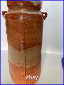 Rare Square Warren Mackenzie Monumental Vase 2-handled Shino Glaze Orange White Rare Square Warren Mackenzie Monumental Vase 2-handled Shino Glaze Orange White