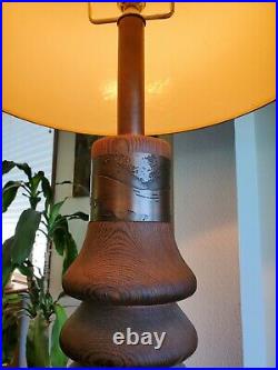 Rare Tall Brutalist Solid Wood & Copper Mid-Century Laurel Table Lamp MCM Table