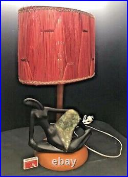 Rare Vint Barsony Lamp Modernist Black Lady Lava Dress Raffia Shade Wooden Base