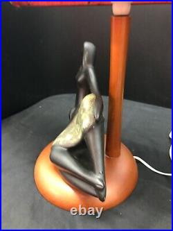 Rare Vint Barsony Lamp Modernist Black Lady Lava Dress Raffia Shade Wooden Base