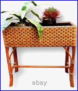 Rare Vintage Large Raised Planter Midcentury Modern Rattan Jardiniere Bamboo