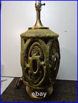 Rare Vintage MCM Large Volcanic Glazed Tiki Green Table Lamp Mid Century Modern