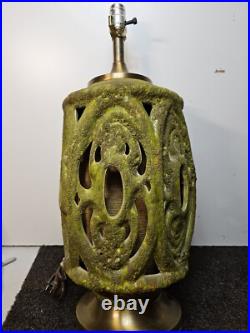 Rare Vintage MCM Large Volcanic Glazed Tiki Green Table Lamp Mid Century Modern