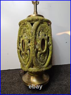 Rare Vintage MCM Large Volcanic Glazed Tiki Green Table Lamp Mid Century Modern