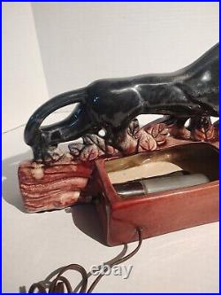 Rare Vintage Mid Century Modern Black Panther on Log Ceramic TV Lamp Tested