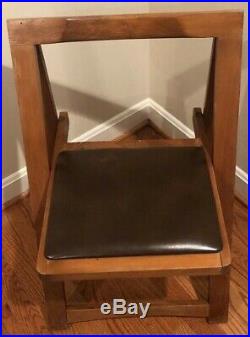 Rare Vintage Mid Century Modern Danish Style Wooden Folding Chair Leather Seat