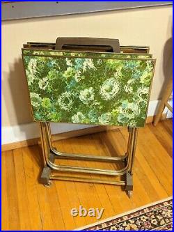 Rare Vintage Mid Century Modern TV Trays & Cart Monet Like Floral Set Of 4 MCM