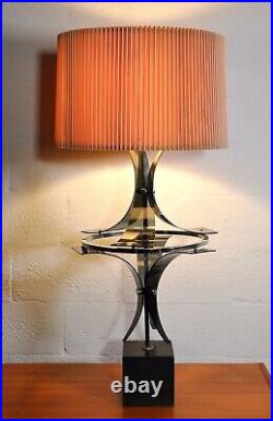 Rare Vintage Mid-Century Smoked Lucite Chrome Tall Table Lamp Pleated Shade 1970