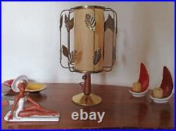 Rare Vintage Mid-century Modern Space Age Atomic Brass Toleware Teak Table Lamp
