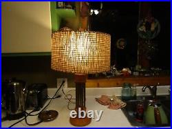Rare Vintage Pillar wood LAMP Fiberglass Shade Atomic Era Mid Century Modern MCM