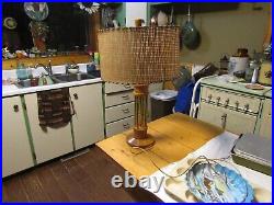 Rare Vintage Pillar wood LAMP Fiberglass Shade Atomic Era Mid Century Modern MCM