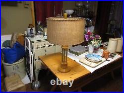 Rare Vintage Pillar wood LAMP Fiberglass Shade Atomic Era Mid Century Modern MCM