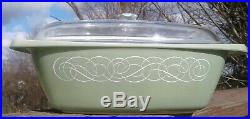 Rare Vintage Pyrex Sage Scroll Green White 4QT #038 Oblong Casserole Dish with LID