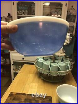 Rare Vintage Pyrex White Rim Turquoise Blue AMERICANA Mixing Bowl Set401/402/403